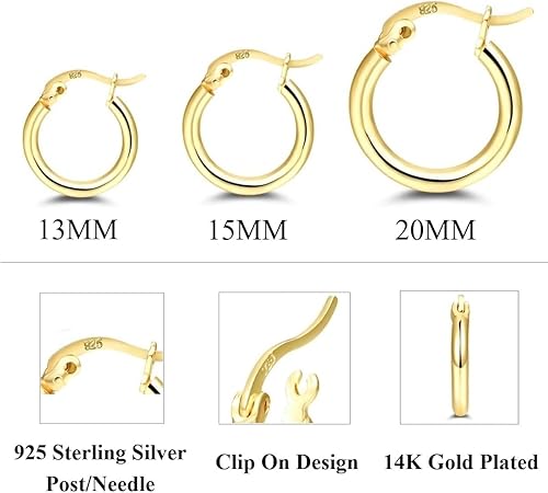 Miniatura 5 de 14K Gold Plated Hoop Earrings for Women, 4 Pairs Sterling Silver Post Small Hoops, Gold Huggie Earrings Set for Women Men (13mm 15mm 20mm 25mm)