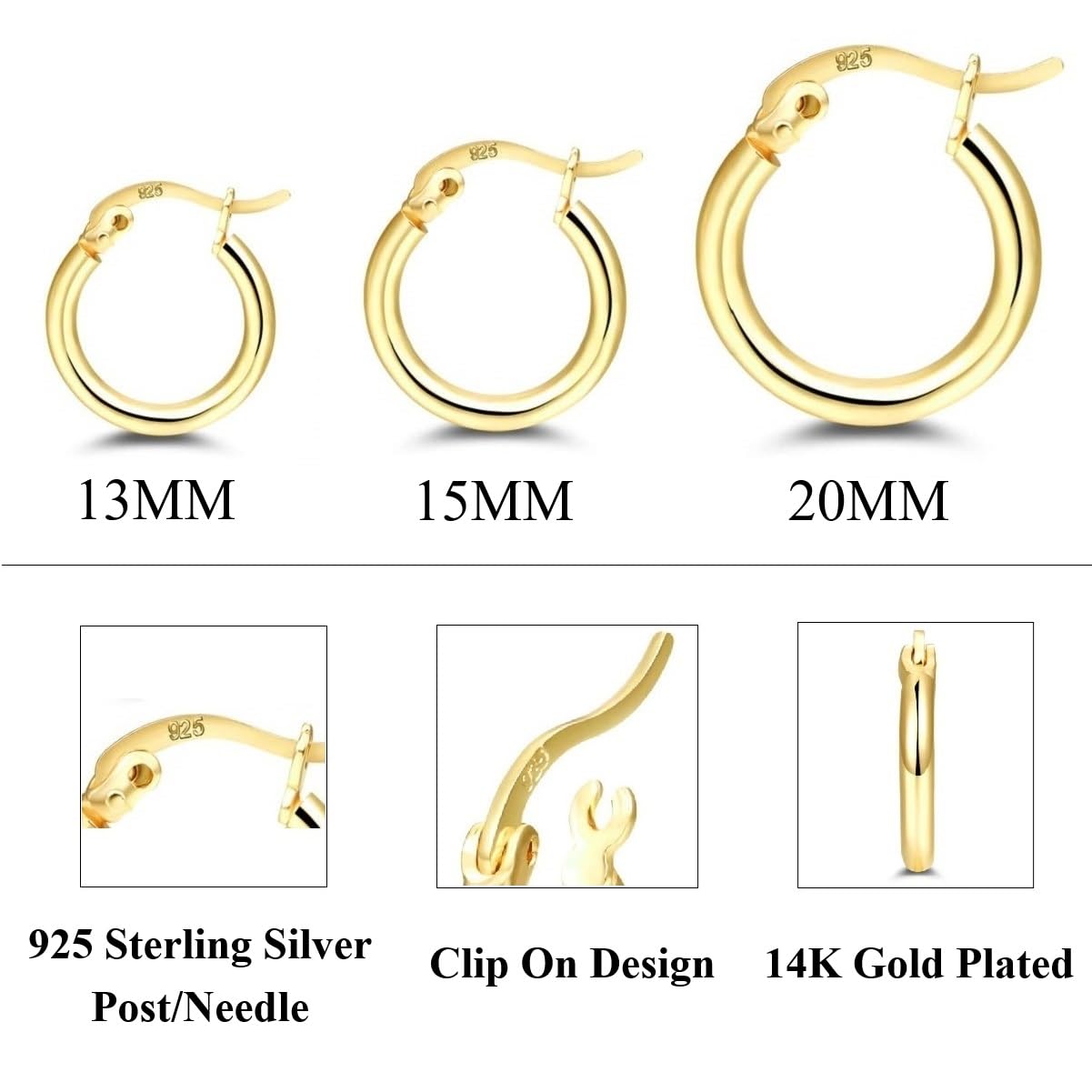 Aretes de aro chapados en oro de 14 quilates, 3 pares de aros pequeños de plata de ley, conjuntos de aros de oro para mujeres y niñas (13 mm, 15 mm, 20 mm), REE-025 5