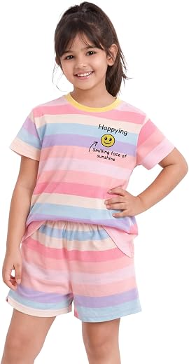 NIMOES Girls Striped T-Shirt &amp; Shorts Co-Ord Set | Cotton Summer Wear | Casual Printed Top &amp; Bottom Set for Kids