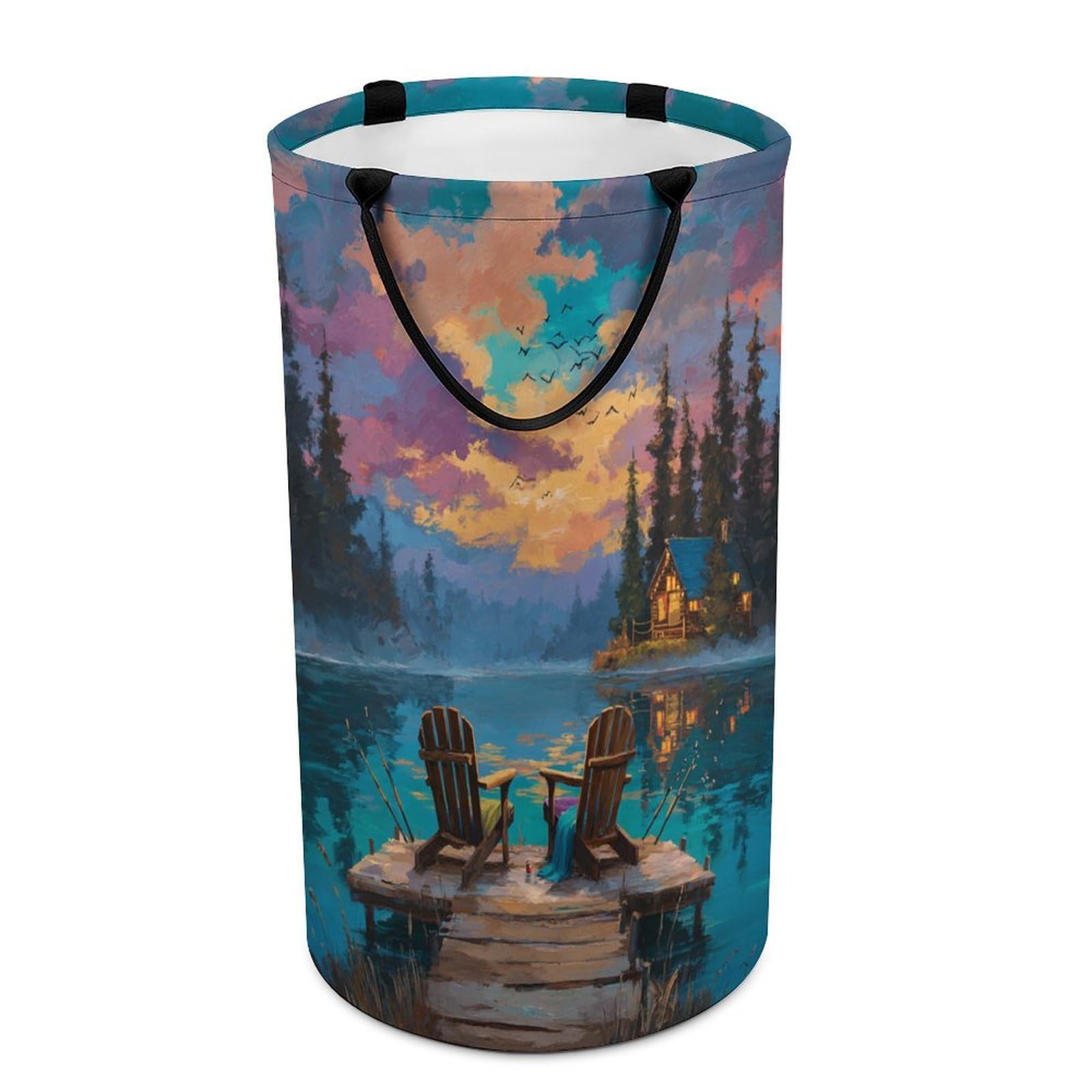 LUYYSKY Beautiful Funny Fishing Theme Versatile Storage Laundry Basket, Retro Watercolor Sunset Lanscape Lake Cabin Pattern Large Capacity Bathroom Hamper With Handle