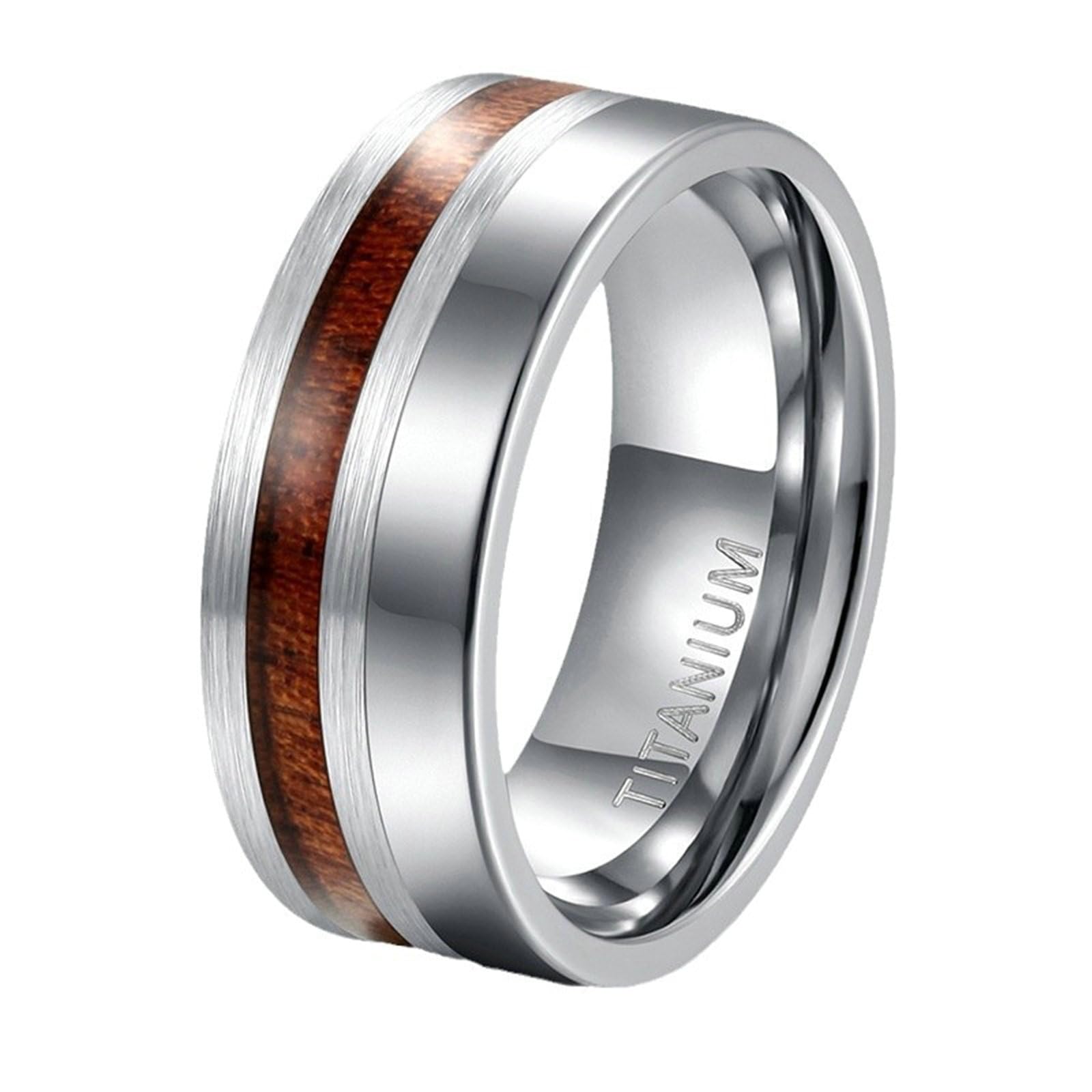 Anello in titanio, unisex, 8 mm, lucidato a specchio, con fascia in legno, anello di fidanzamento, per lei
