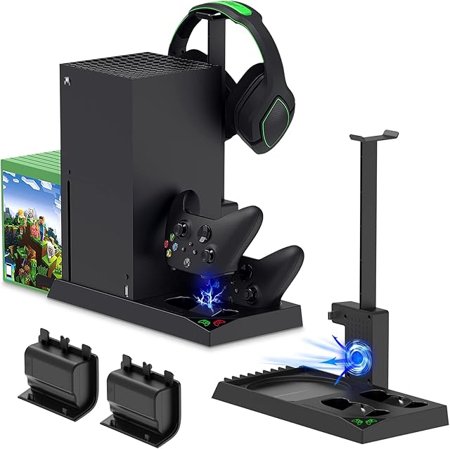 Charging Stand with Cooling Fan for Xbox Series X Console & Controller,Vertical Dual Charger Station Dock Accessories with 2 x 1400mAh Rechargeable Battery & Cover,Headset Stand &10 Game Slots(Black)