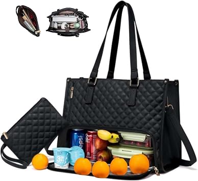 2 in 1 Tote Bag Lunch Bag Combo,Lunch Tote Bag for Women, Large Convertible Laptop Work Handbag for Women Black