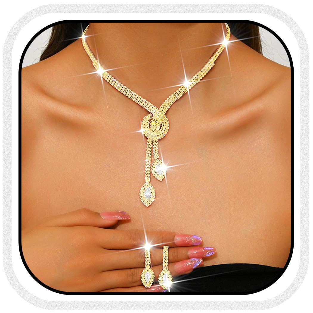 Aukmla Bridal Wedding Jewelry Set Sparkly Rhinestone Weddding Necklace Earrings Set Prom Jewerly for Women