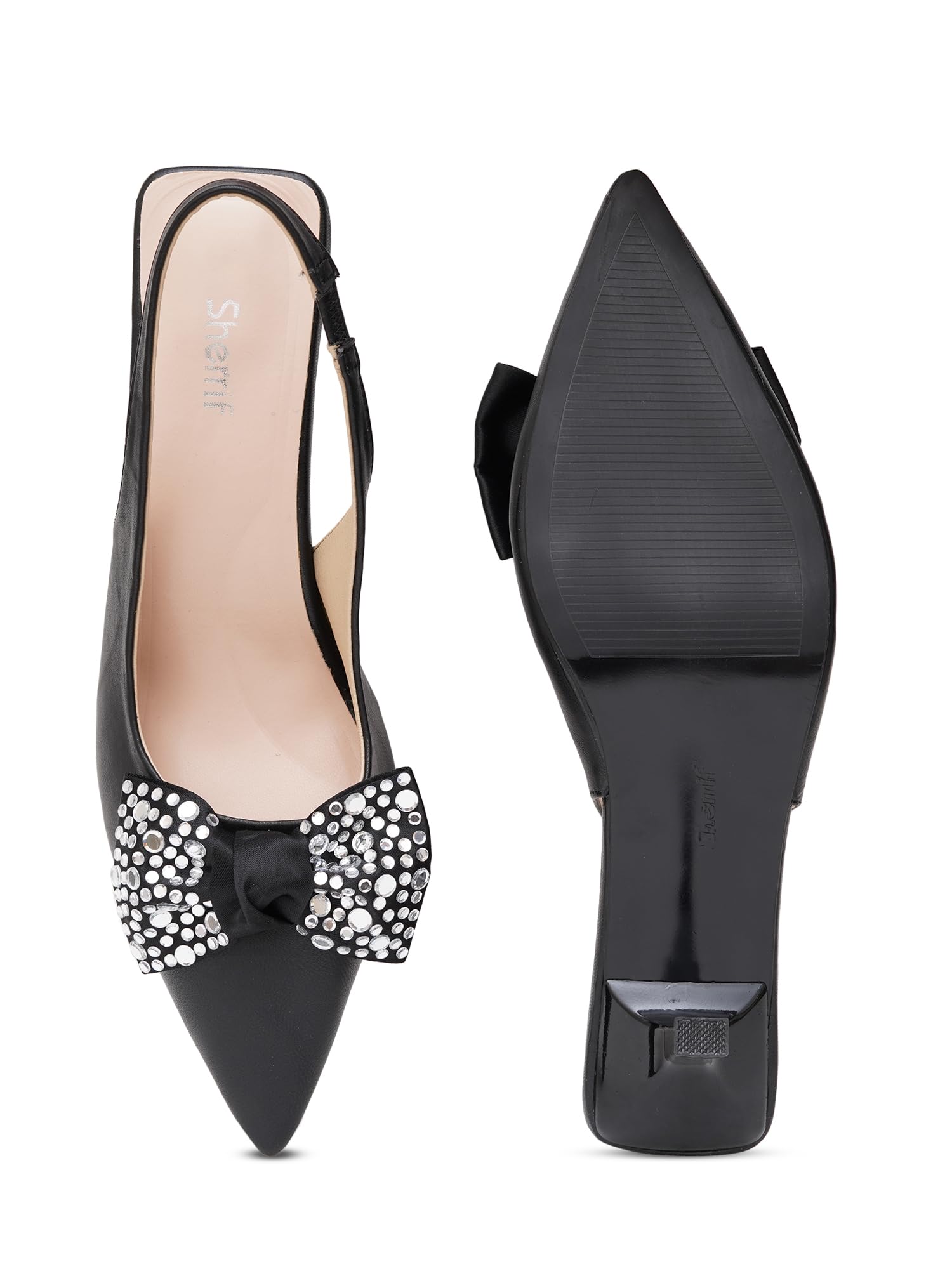 Women's Stylish Slingback Heels | Pointed Toe Party & Wedding Sandals | Comfortable Mid Heel with Rhinestone Bow Embellishment | Elegant Formal Footwear for Girls & Women(356)-image-13