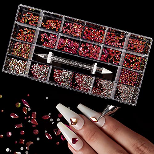 Nail Rhinestones Kit, 3400pcs Multi Shapes Glass Crystal AB Rhinestones for Nails, Mix Size Flatback Round Nail Diamonds with Professional Wax Pen for Acrylic Nail Art Decoration(rainbow)