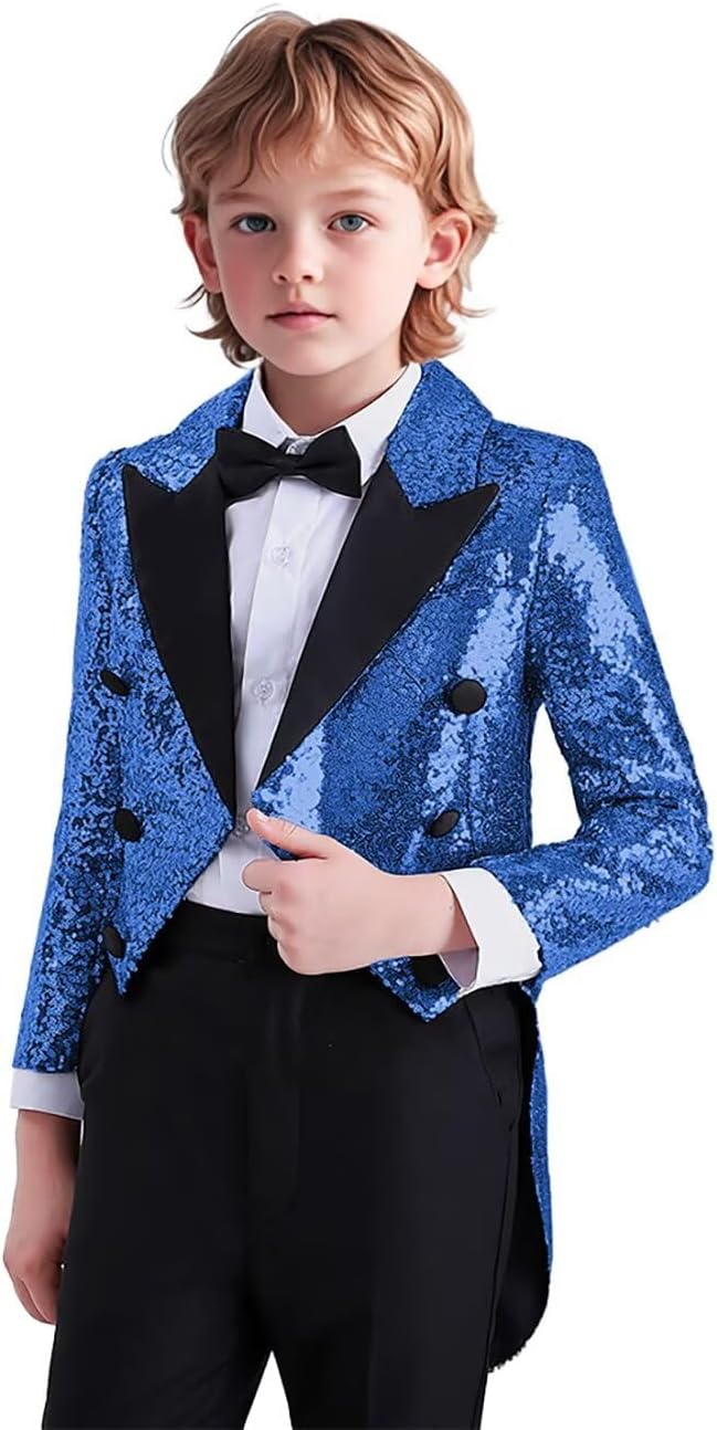 Boy Sequin Suit Tails Slim Fit Tailcoat Tuxedo Sequin Swallowtail Jacket for Boys Concert Proms Party