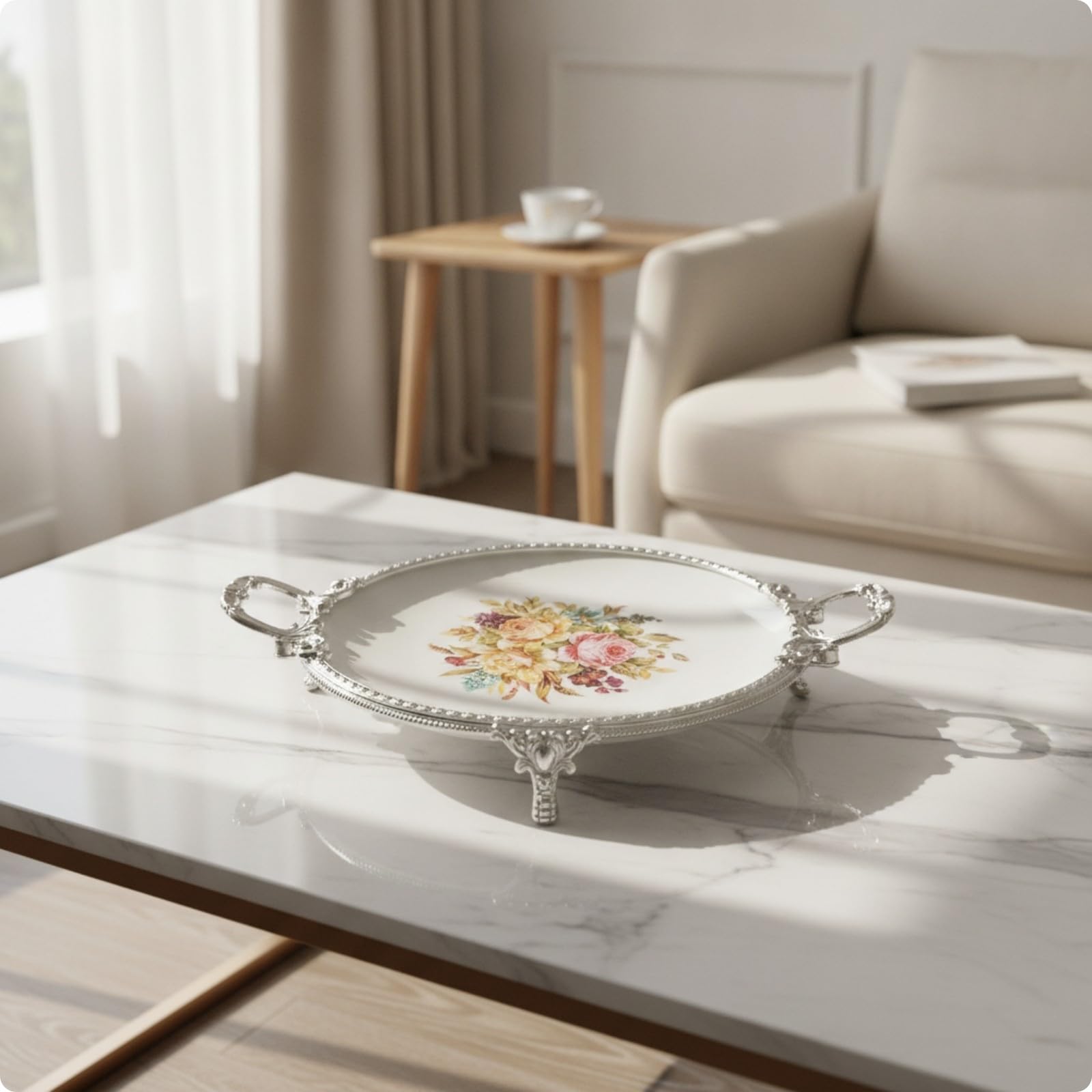 Plateau à Fruits Surélevé | Motif Floral Imprimé, Plat Présentation sur Pied, Décoratif, Vaisselle, pr Réceptions, Hôtes, Bleu