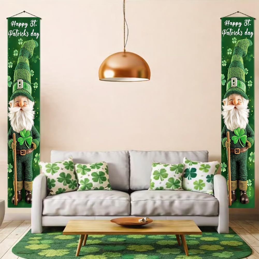 St Patricks Day Vertical Couplets Banner Decoration Green Gnome Clover Staff Theme Hanging Front Door Decorative Banner Party Supplies for Holiday Events 12 x 17 Inch image 5