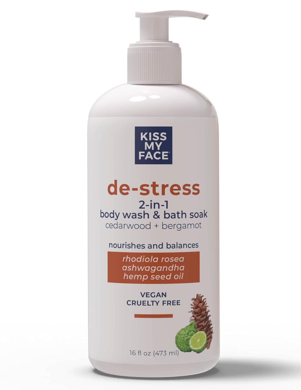 Kiss My Face De-Stress 2-in-1 Body Wash & Bath Soak - Lemongrass + Juniper Berry - Botanical Blend - Vegan and Cruelty Free - With added Rhodiola Rosea, Hemp Seed Oil and Ashwagandha - 16 fl oz Bottle