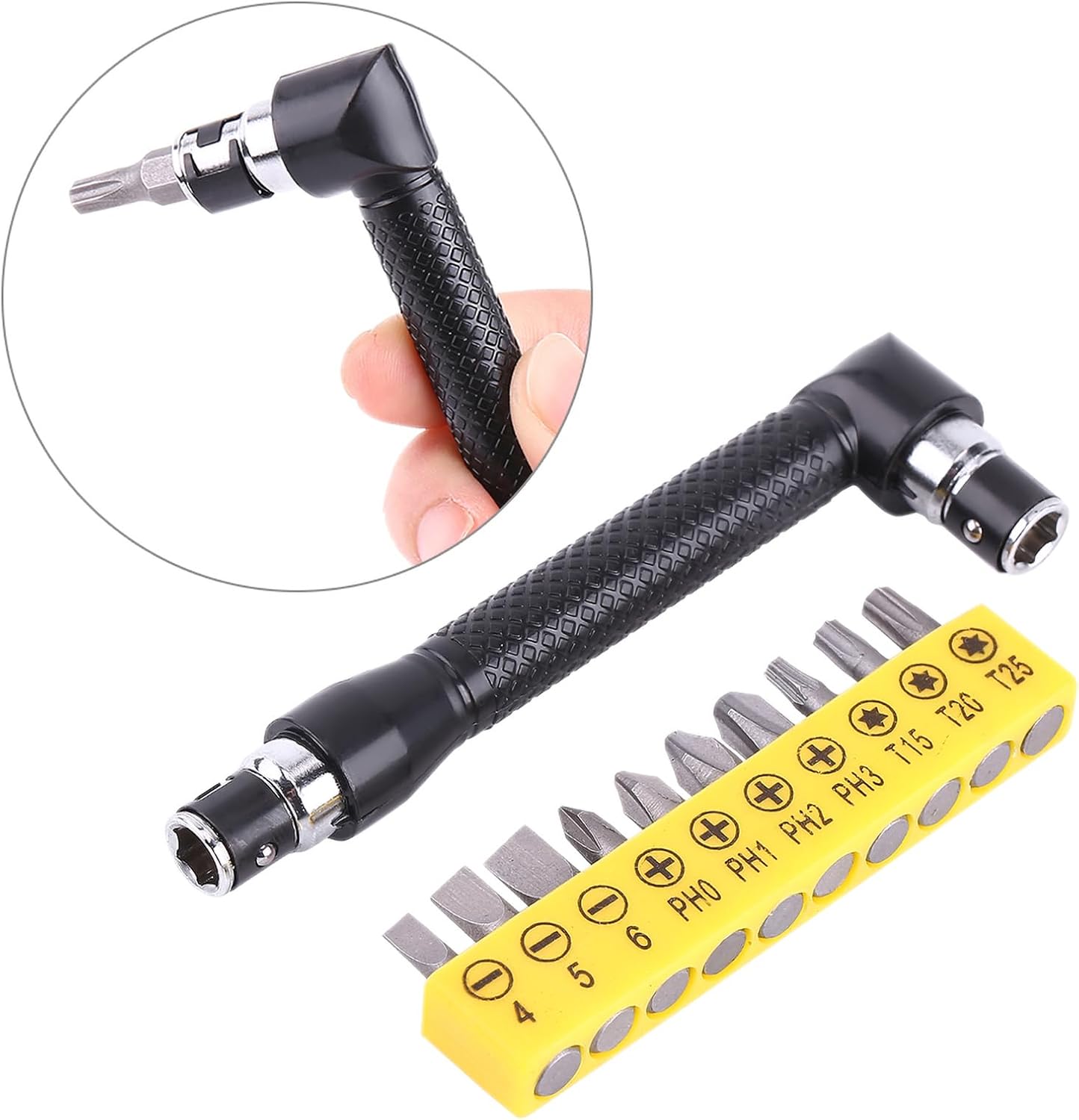 Right Angle Screwdriver, EDC Screwdriver, L Shaped 1/4 Inch Hex Socket Wrench with 10PCS Screwdrivers Bits, Double Head Hand Tool