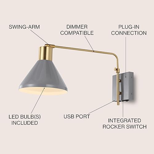 Miniatura 2 de JONATHAN Y JYL1303C - Brazo oscilante de 20.5 pulgadas, 1 luz moderna de hierro de mediados de siglo, puerto de carga USB, lámpara LED de
