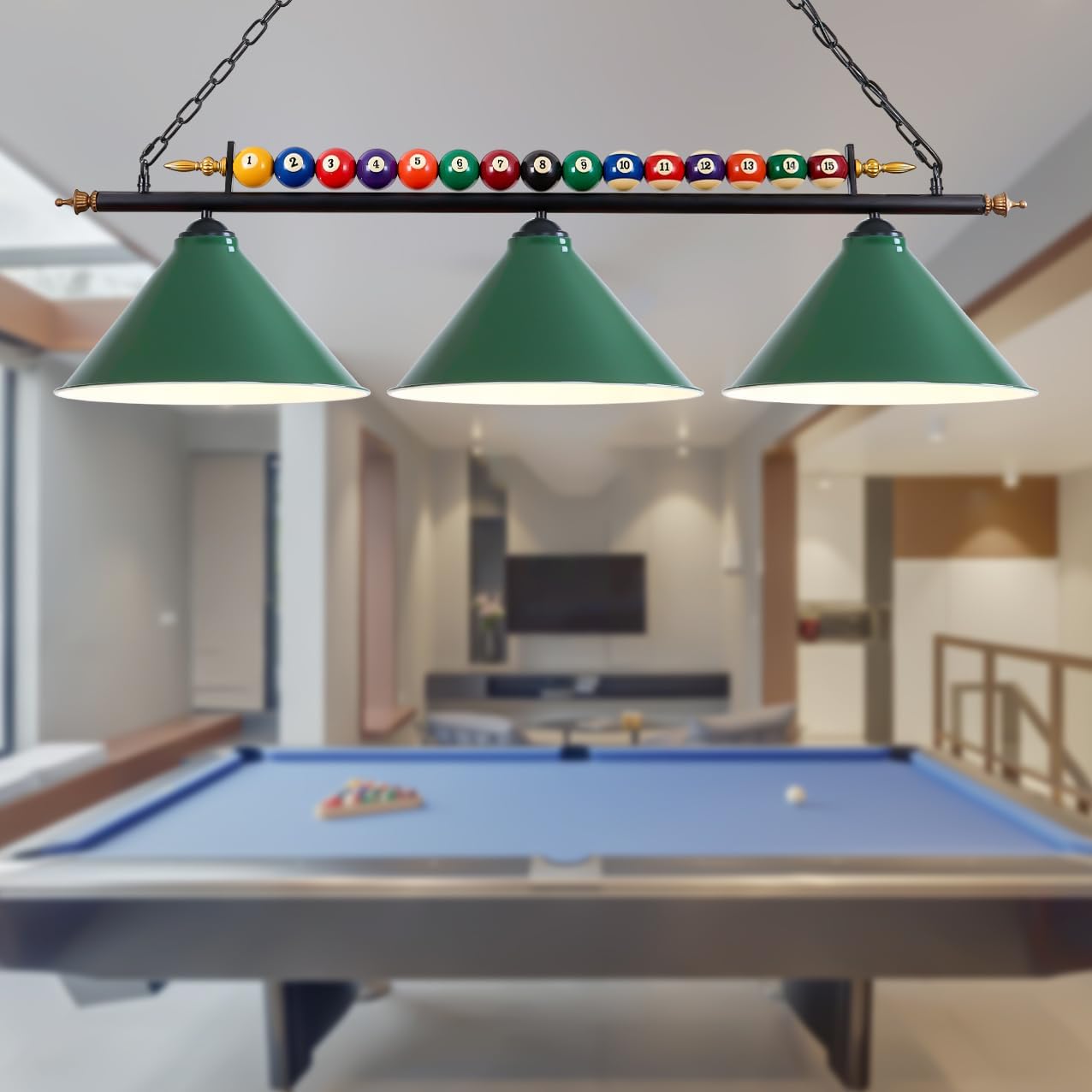 47" Pool Table Light, Pool Table Lights Lighting Fixture for 7' 8' Pool Table ,Pool Table Lights Hanging Over Pool Table,Real Billiard Ball with 3 Metal Lamp Shades for Game Room Pool Table Billiards