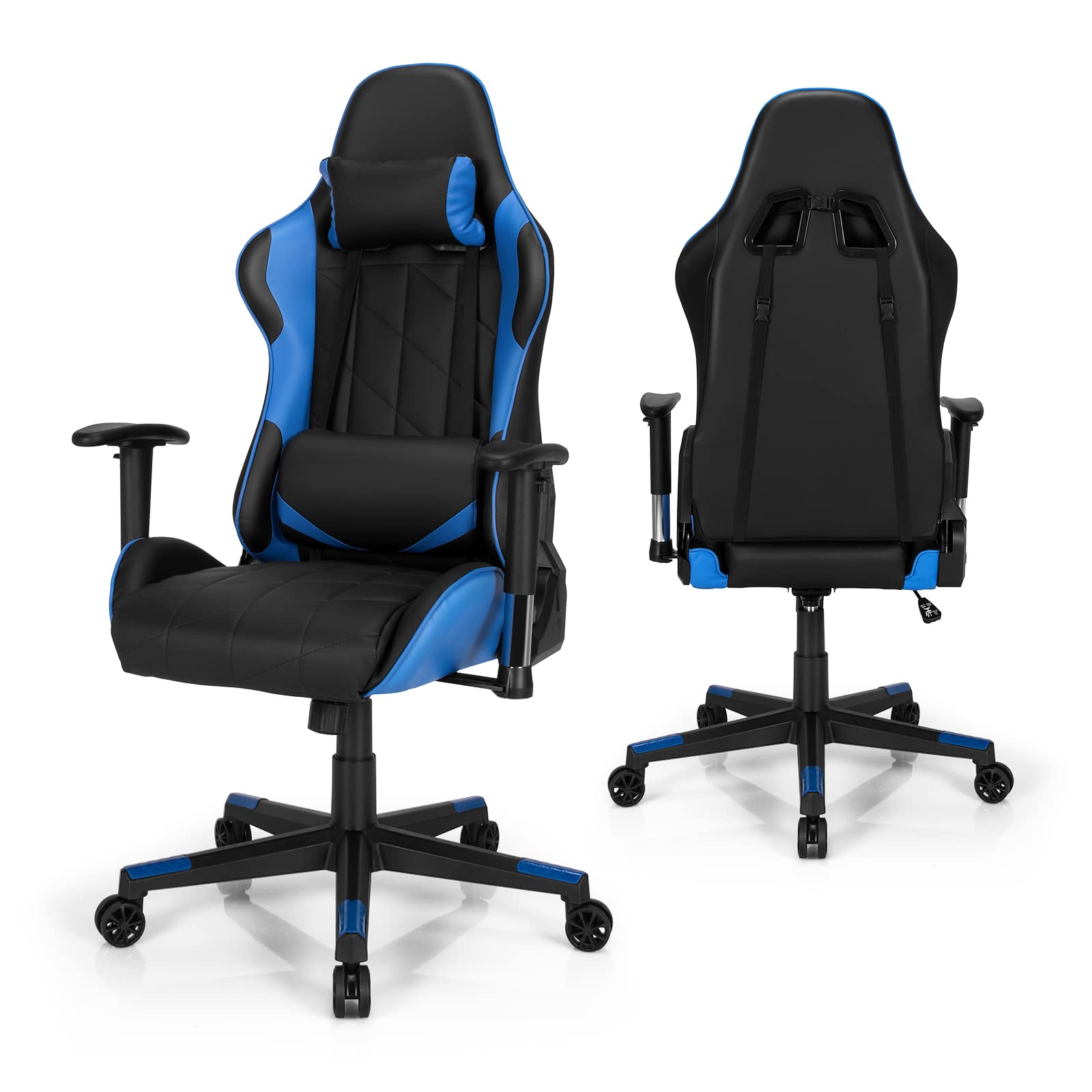 GIANTEX Chaise Gaming Ergonomique Réglable avec d'Appuie-Tête Oreiller Lombaire, Fauteuil Gamer avec Dossier, Siège, Accoudoirs Réglables, Charge de 150 KG (Bleu)