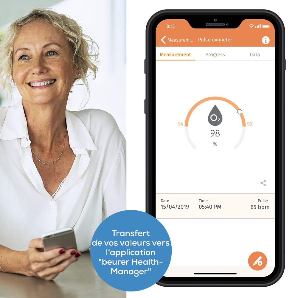 Beurer PO 60 Oxymètre de pouls avec Bluetooth, détermination de la saturation artérielle en oxygène dans le sang
