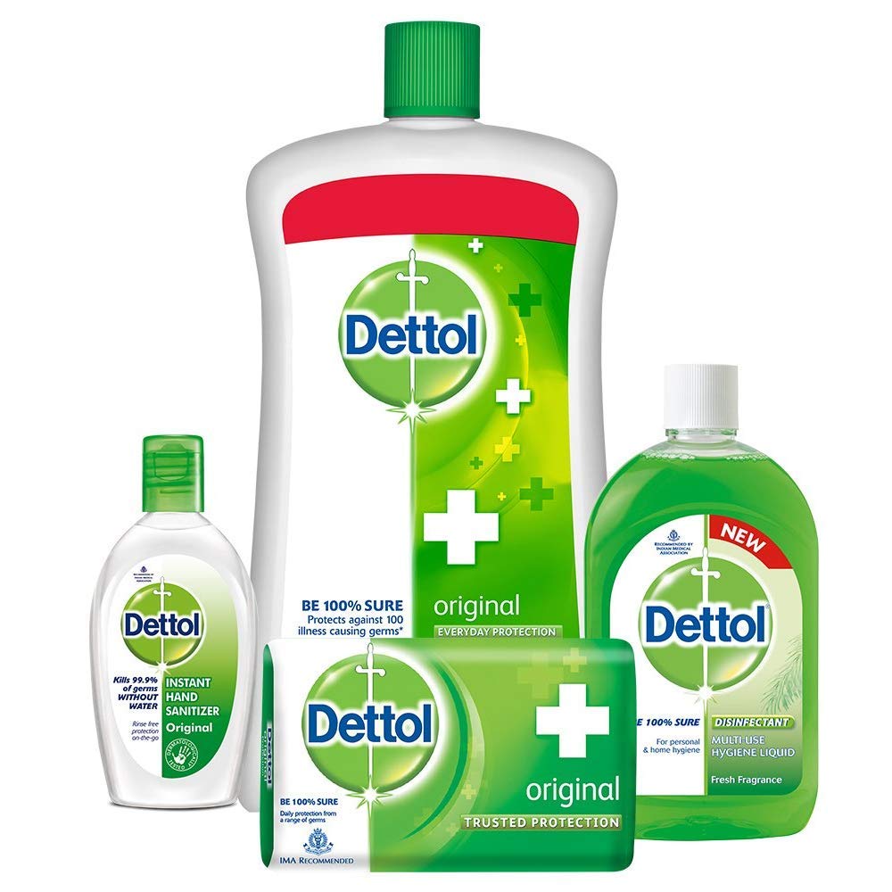 Dettol Instant Hand Sanitizer, Original - 50ml + Dettol Liquid Handwash Refill Jar, Original- 900ml + Dettol Bathing Bar Soap, Original- 125 g + Dettol Disinfectant Multi-Use Hygiene Liquid, Regular - 200 ml