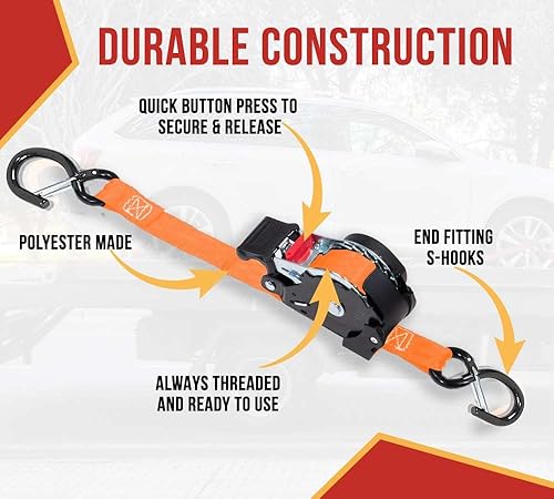 Vista 45 de Mytee Products Paquete de 4 correas de trinquete retráctiles de 1 pulgada x 12 pies con gancho en S recubierto de zinc para motocicletas, Naranja