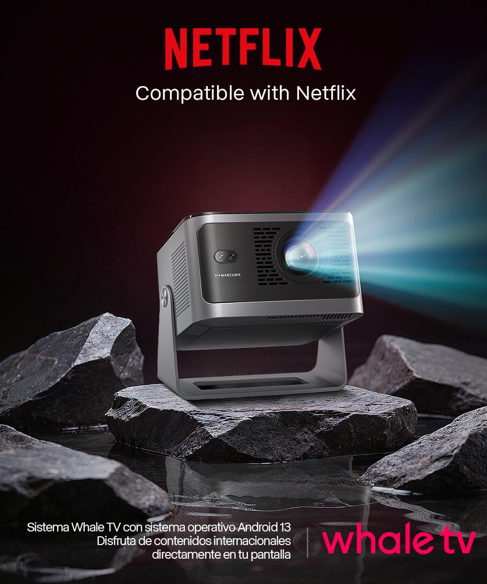 Magcubic Proyector 4k Soporte Nativo 1080P 【Compatible con Netflix】 | Proyector Portatil con enfoque automático, Bluetooth & WiFi y proyección 320° para cine en casa y exterior cine jardin