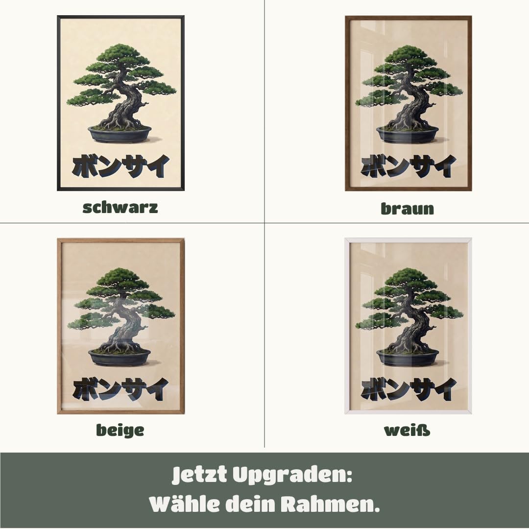 MJ-GRAPHICS® Poster Bonsai Kunstdruck asiatisch Wandbild Zen Garten Deko Wohnzimmer Wanddeko Vintage Stil grün beige Schlafzimmer Bilder Meditationsraum 50x70 mit beigem Rahmen