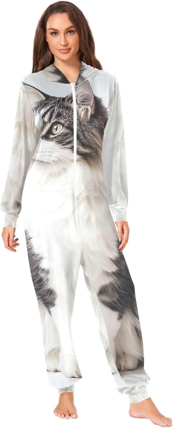 Cute Maine Coon Cat Adult Onesie Pajamas, Soft Hooded One Piece Loungewear for Men Women