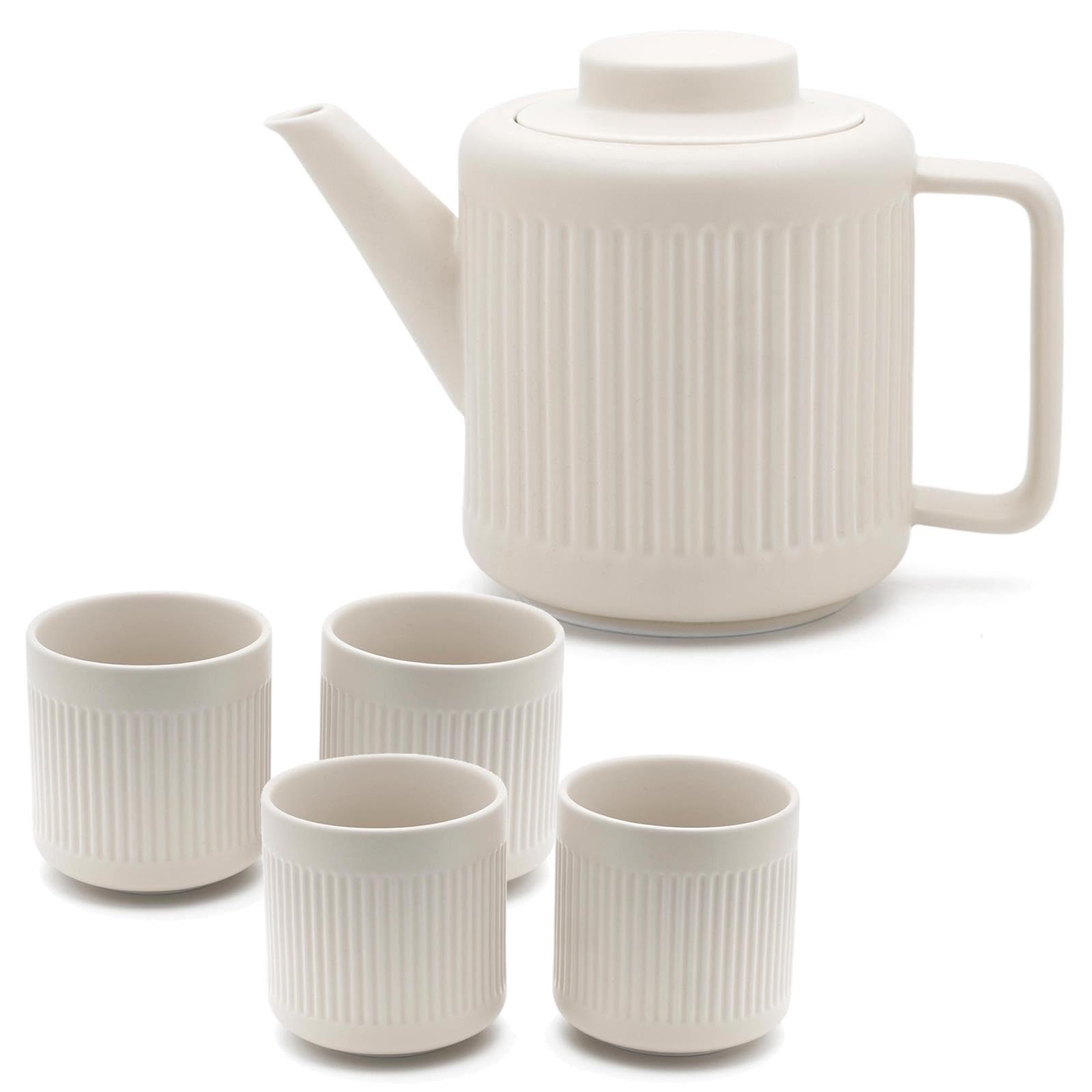 Bredemeijer Teekanne Set 1.2 Liter weißes Porzellan mit Edelstahl Tee-Filter Sieb-Einsatz für losen Tee & Teebecher 4 Stück - ideal für duftende & blumige Teesorten