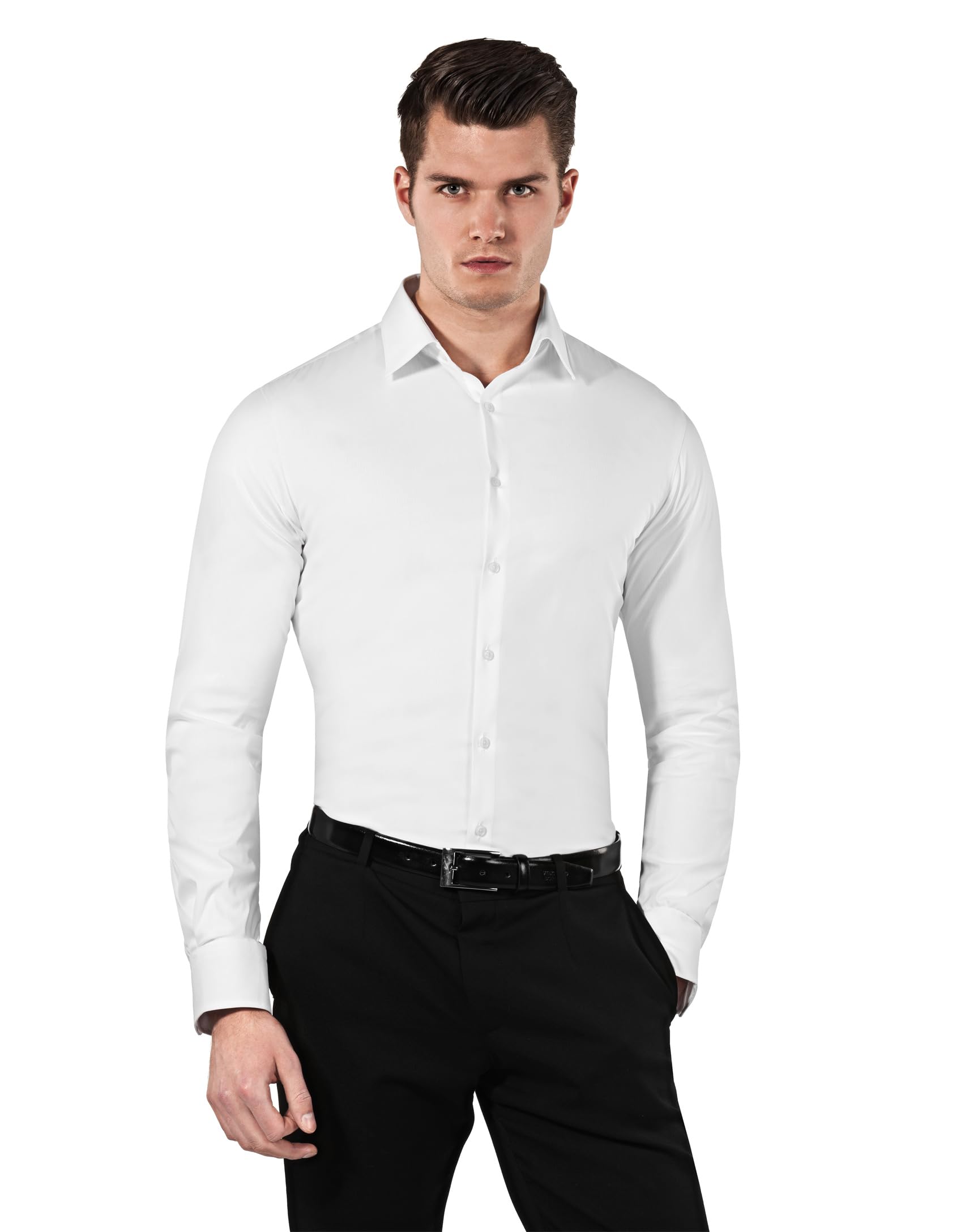 Vincenzo Boretti Camisa de Hombre, Muy Entallada (Body-fit), Mezcla de algodón, elástica y Muy Agradable, Manga-Larga, Cuello Kent, Lisa - fácil de Planchar (Easy Iron)