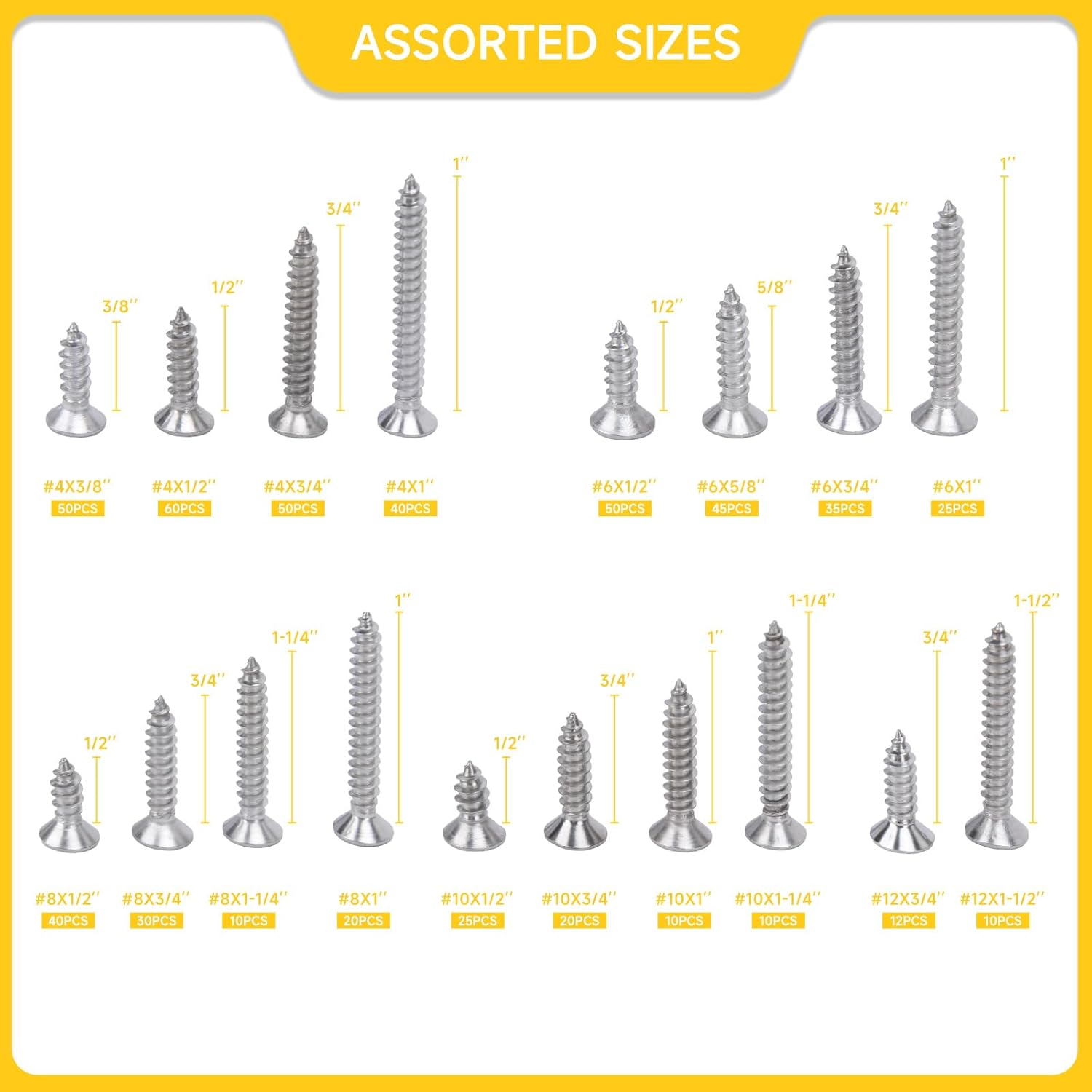542PCS #4#6#8#10#12 Phillips Flat Head Screw Set Stainless Steel Wood Screws Assortment Kit, Assorted Sheet Metal Self Tapping Screws, 18-8(304) Stainless Steel (Flat Silver)