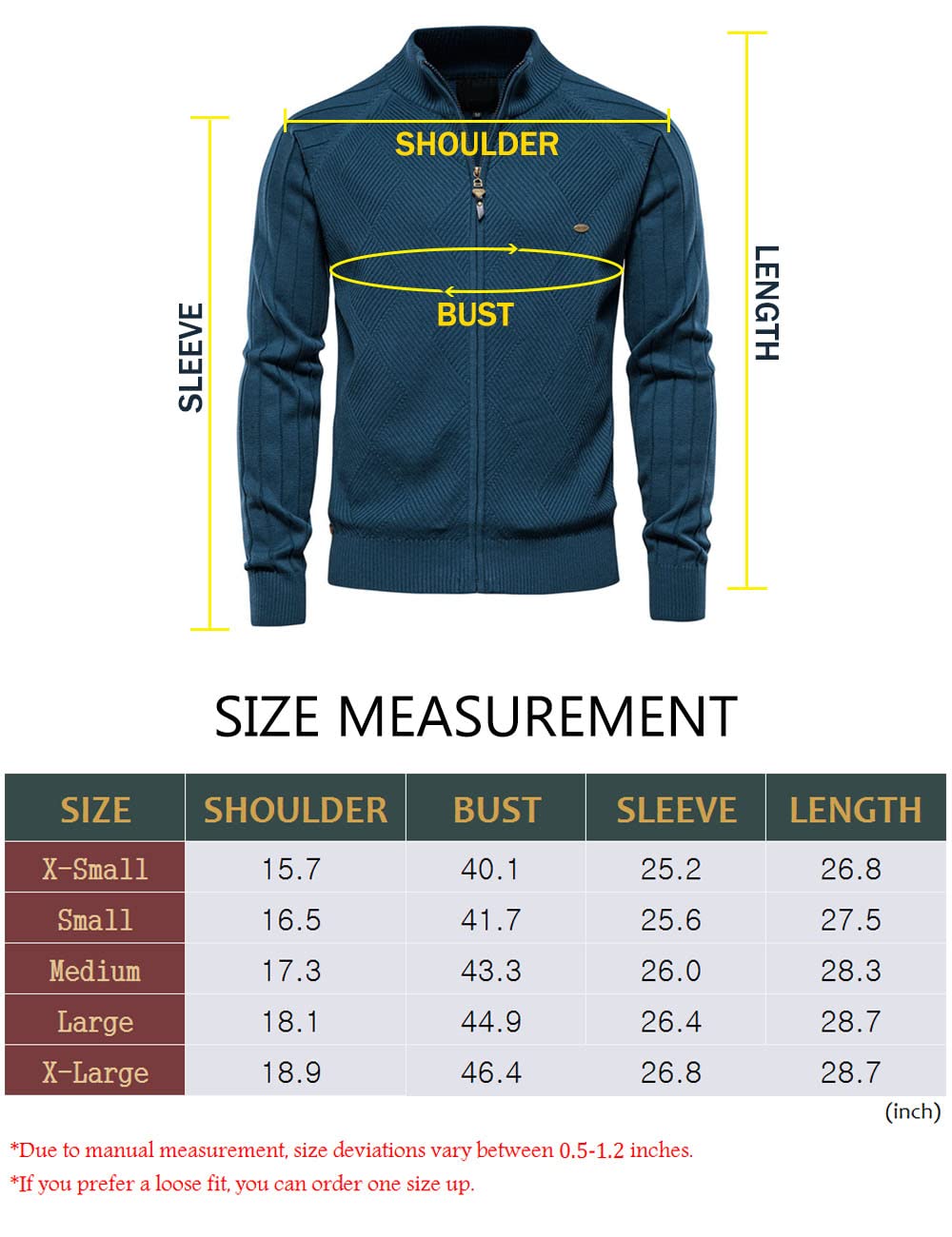 Giacca casual da uomo a maniche lunghe con cerniera intera e collo a maniche lunghe morbida felpa a maglia slim fit, Men, XL