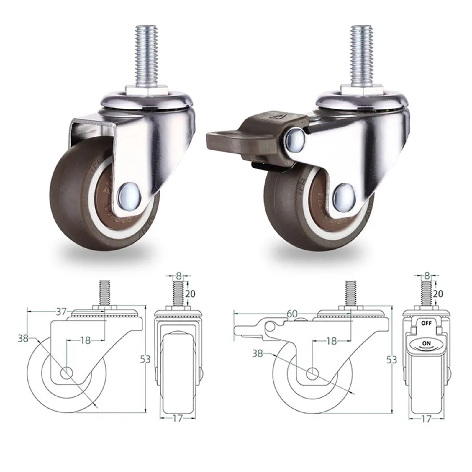 4 Pz/Lotto 1.5 Pollici Carrello Ruota Trolley Ruote Girevoli Girevoli in Gomma Morbida TPE M8x 20mm Filettato Stelo Ruota Caster