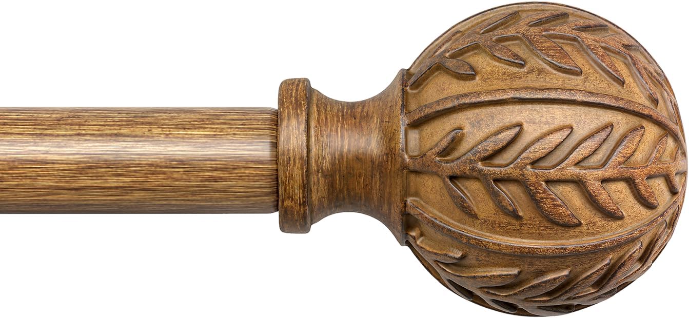 Wood Curtain Rods for Windows 66 to 120 Inch, 1'' Adjustable Decorative Drapery Rods with Imitation Wood Grain Leaf Pattern Finials, Boho Heavy Duty Long Window Curtain Rods Set 36''-120'' 36'' - 120''(1 Pack)