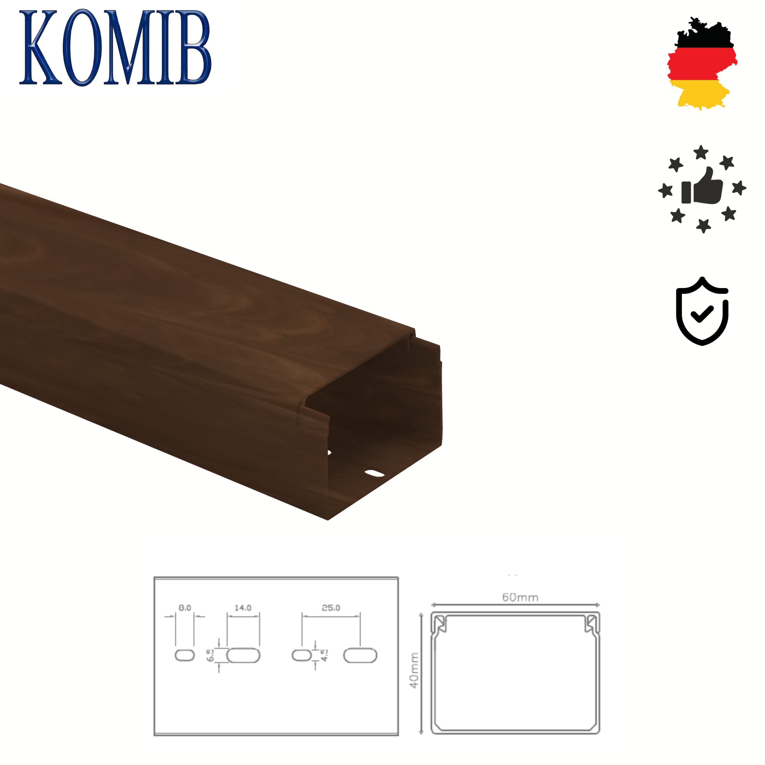 10m KOMIB Kabelkanal/Kabelkanäle/Kabelführung - Verschiedene Größen und Farben - Schraubbar - 5 x 2m Stangen - (Braun - Holz Design, 60 x 40 mm)