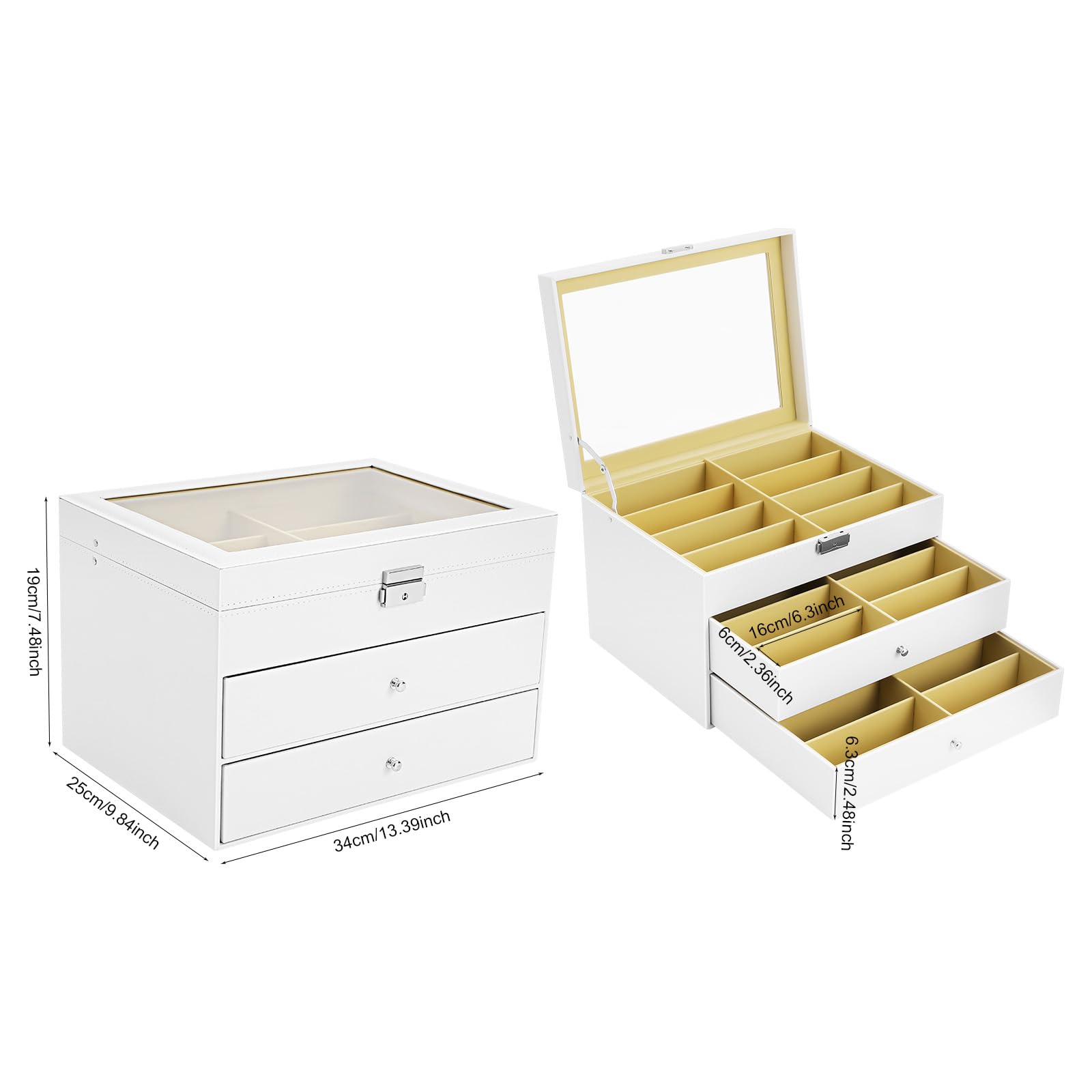 Caja de gafas de 3 niveles con 24 cajones y tapa de cristal, almacenamiento seguro con cerradura y llave, soporte para múltiples gafas, joyas, relojes (blanco)