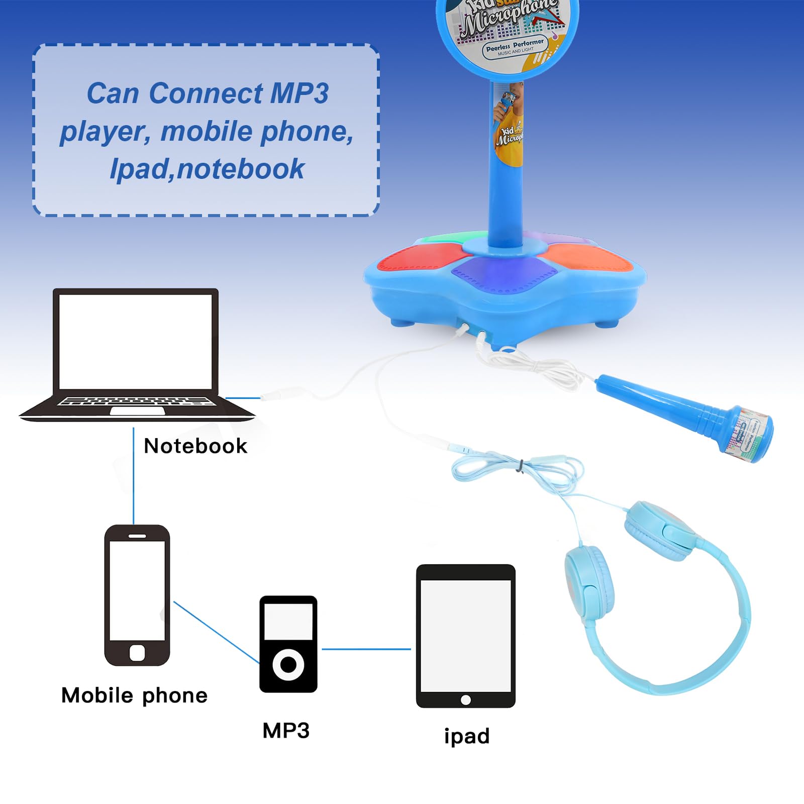 Micrófono de karaoke para niños con soporte ajustable, micrófono de pie para cantar portátil, auriculares retráctiles para cantar música, base de luz intermitente para niños y niñas de 3 a 6 años 6