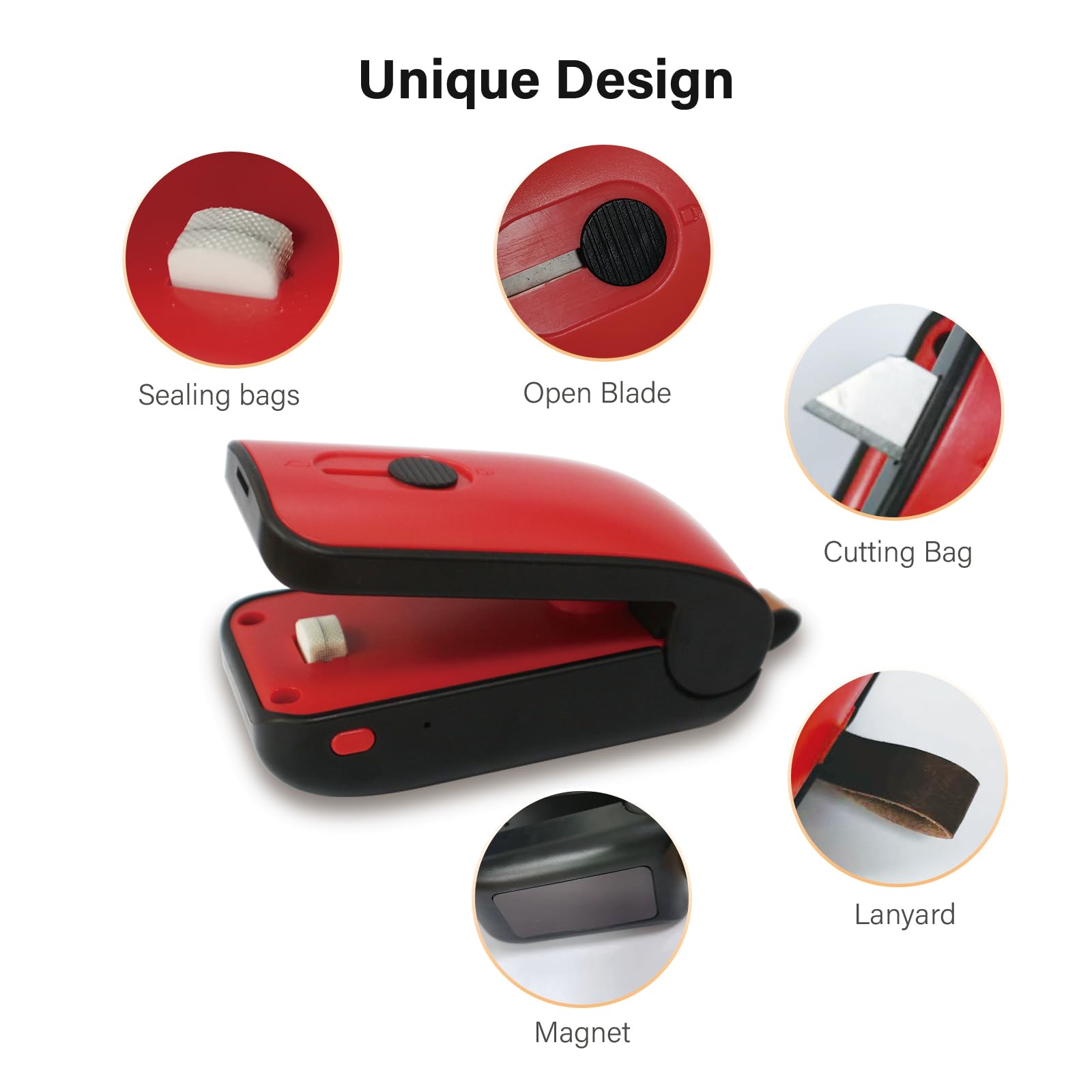 Mini sigillante per sacchetti, ricaricabile tramite USB, sigillatore a caldo, 2 in 1, con taglierina, per sacchetti di plastica, snack e alimenti (rosso)