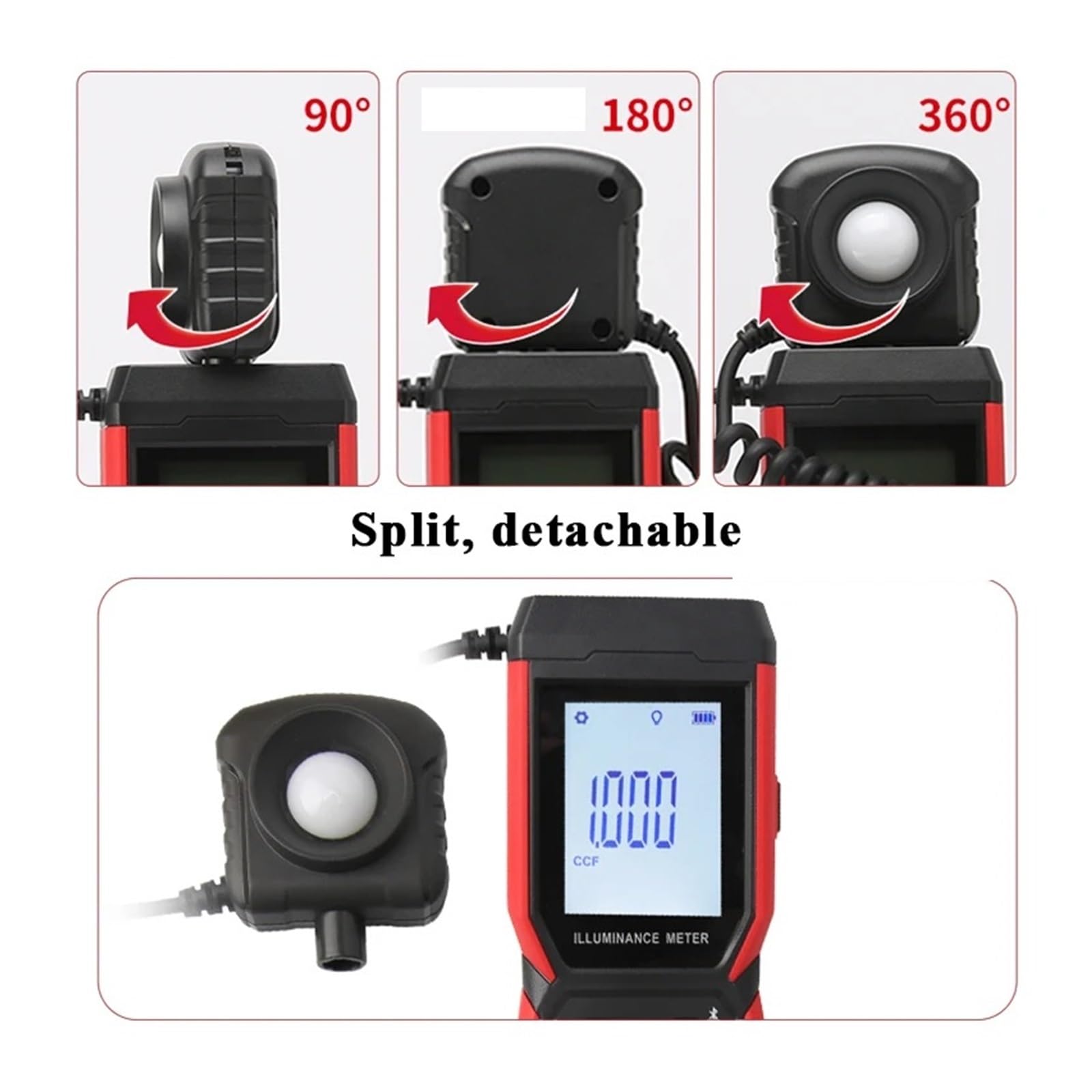 Digitaler Lichttester UT381A Illuminometer Integriertes und geteiltes digitales Lichtbeleuchtungsmessgerät 400000 Lx 37160 Fc Luxometer mit Bluetooth-App