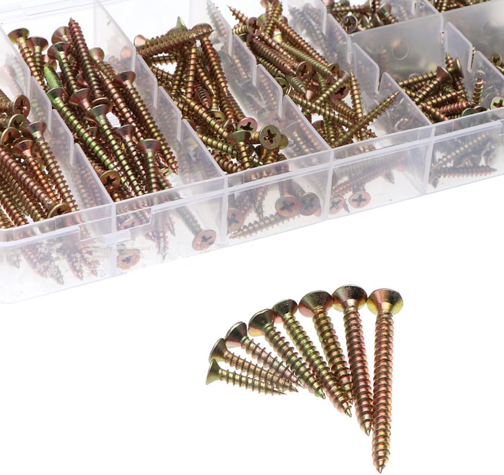 160 Pcs Brass Coarse Thread Wood Screws Assortment Kit, Multi-Purpose Screws, Flat Headed Wood Screws, Chipboard Drywall Screws with Bugle Head for Drywall and Wood