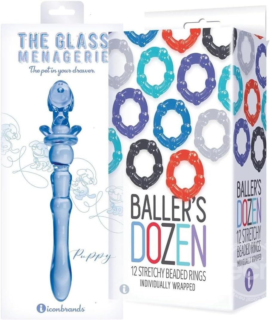 Couples Sex Toy Bundle of Glass Menagerie Puppy Dildo - Blue and Icon Brands Baller's Dozen Beaded Cockrings (12 per Pack) - Assorted Colors