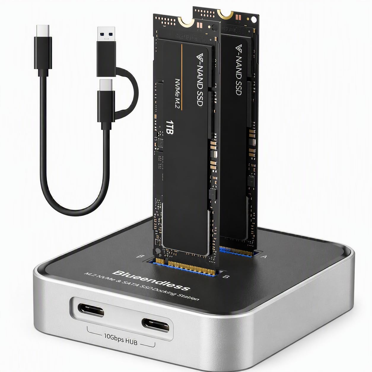 Docking station SSD M.2 NVMe e SATA USB-C 10Gbps, dock dual per 2 SSD M.2 NVMe/NGFF SATA, alloggiamento in alluminio, fino a 16 TB, compatibile con Windows, Mac, PC e laptop