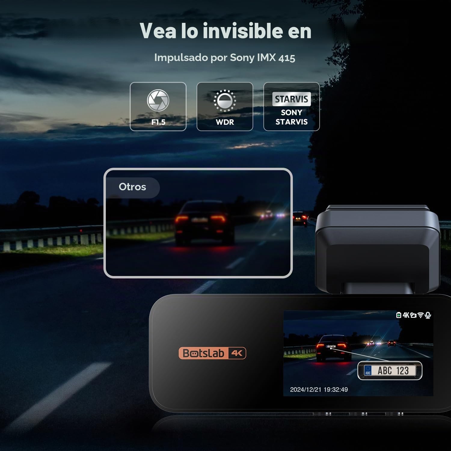 BOTSLAB Starvis 4K - Cámara de salpicadero para coche (parte delantera y trasera, WiFi, GPS, ADAS, control por voz, tarjeta gratuita de 64 GB, visión nocturna, WDR, IPS de 2,45", vigilancia de