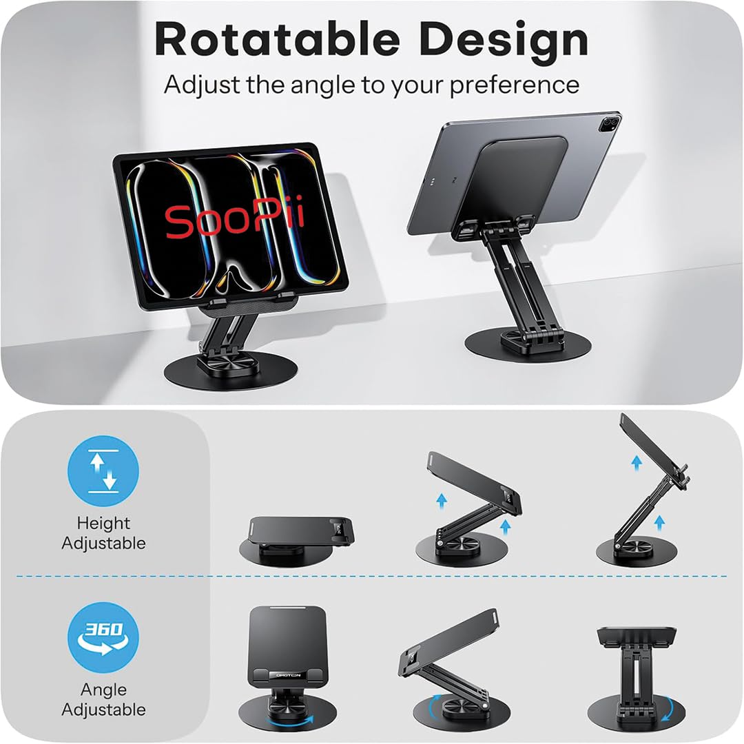 SOOPII DM-22 World's Latest Premium A Grade Quality Fully Foldable - Desktop Tablet Stand + Mobile Stand, Heavy Base Aluminum Holder for Tablets/Mobile/Tab Stand and e-Book Readers (Up to 12.9 inch) 4