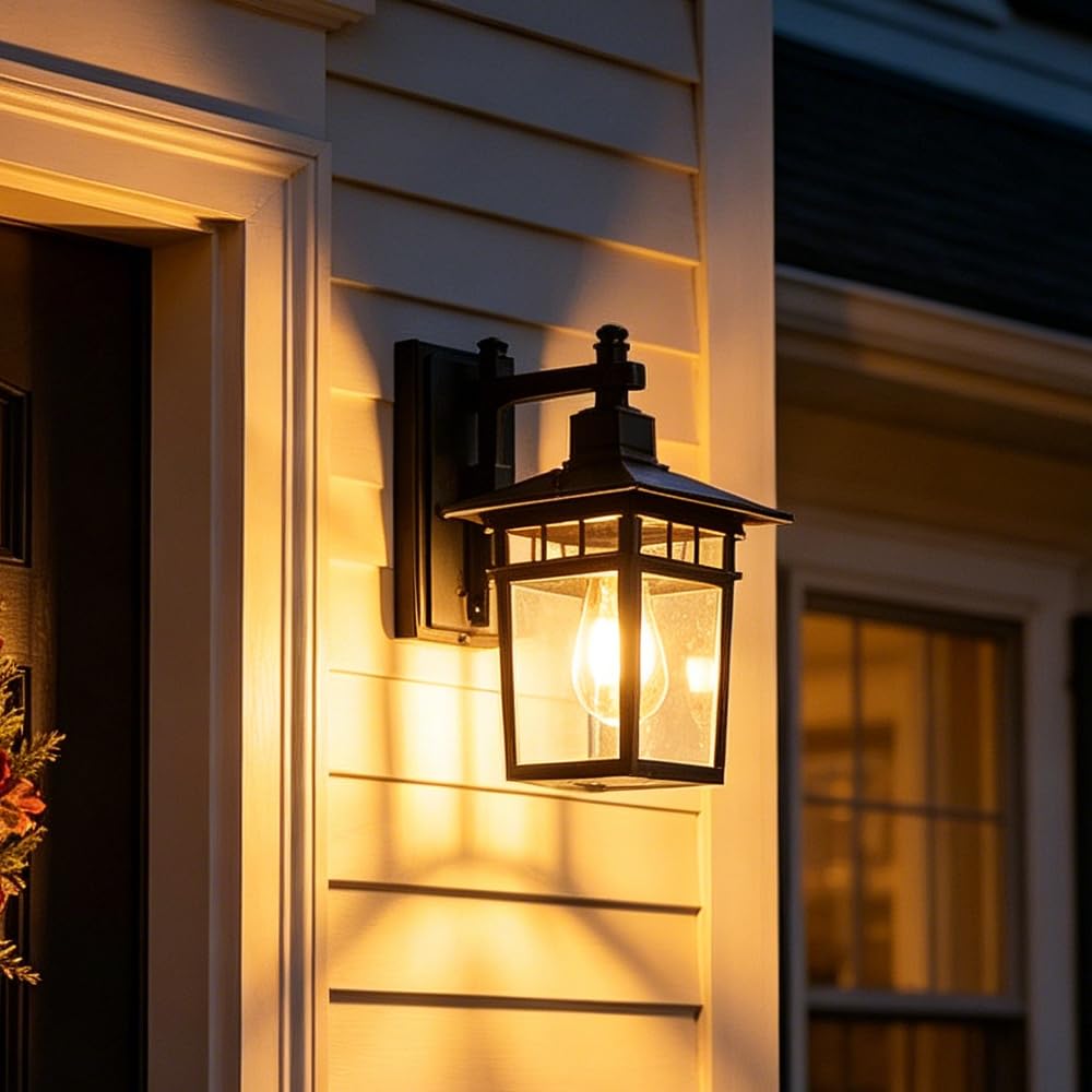 Outdoor Wall Lights, Glass Porch Light Wall Lamp, Waterproof Black Retro Outdoor Wall Lanterns E27 Metal Wall Sconce Aluminum for Garden Courtyard Balcony Bedroom Garage Villa entrance Patio IP23