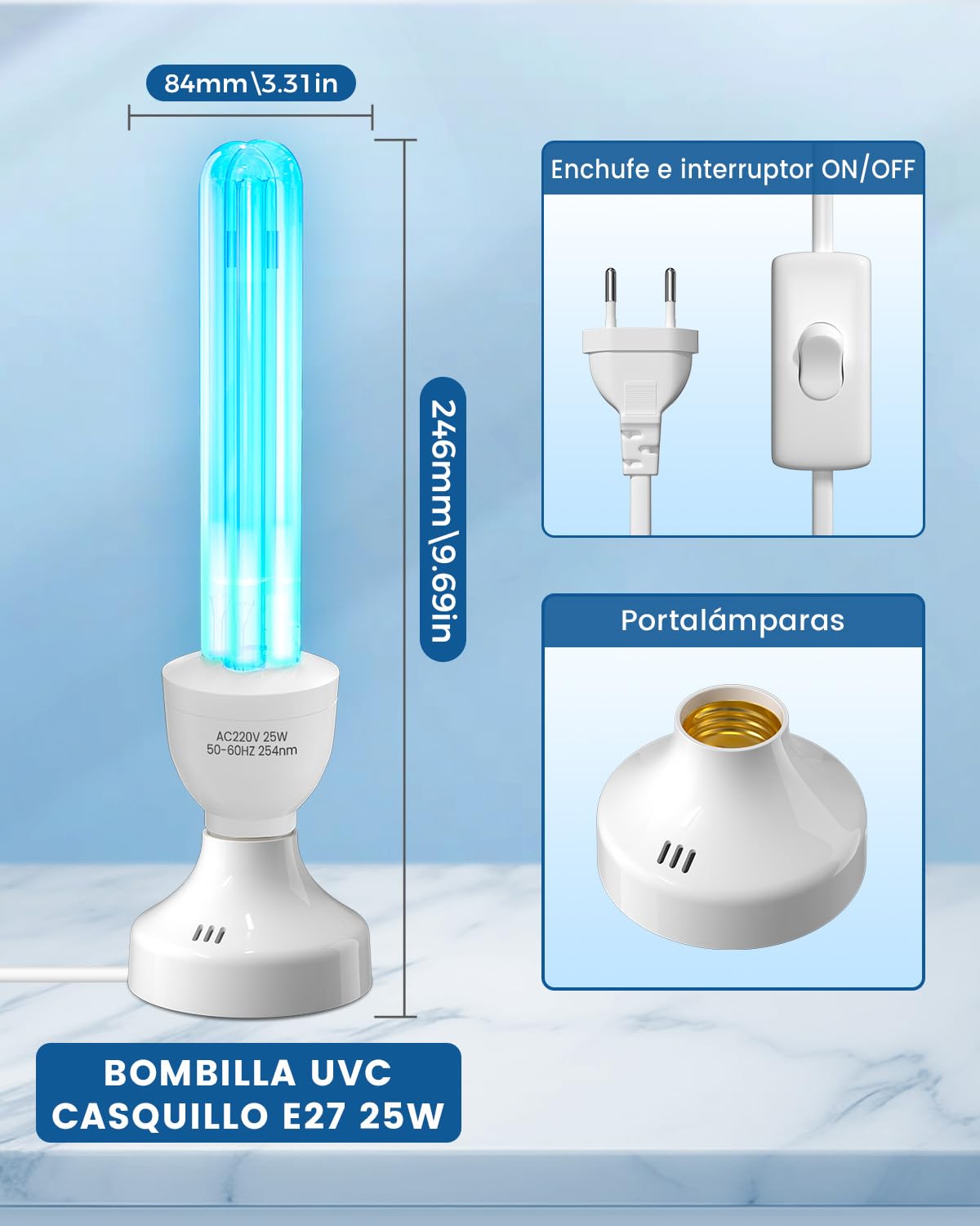 Lampara UV Desinfeccion con Mando, Lampara UVC Ozono UV Light 25W E27 con función de temporizador, UV Germicida Esterilizador para Hogar, Escuela, Oficina Aire Fresco, UVC 254nm