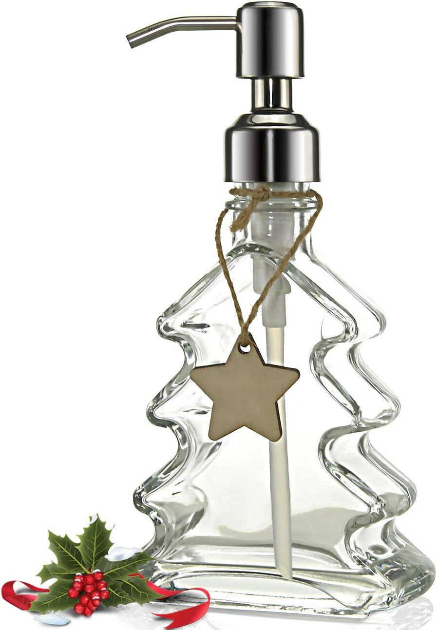 JASAI Unique Christmas Tree Design Kitchen Soap Dispenser with 304 Rust Proof Stainless Steel Pump, Xmas Decorative Bathroom Soap Dispenser Great for Xmas Decor, Hand Soap, Dish Soap, Kitchen.