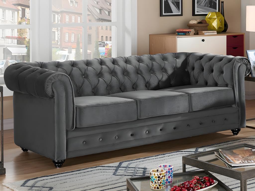 Vente-unique - Canapés 3 Places et 2 Places en Velours Anthracite Chesterfield