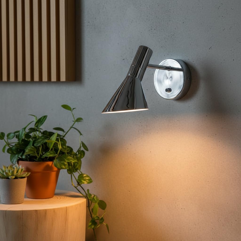 BARCELONA LED Applique da Parete Interno Design in Alluminio Cromato, Lampada da Muro Vintage Paralume Orientabile, Attacco E27 Ideale Testiera Letto, Camera da Letto Soggiorno