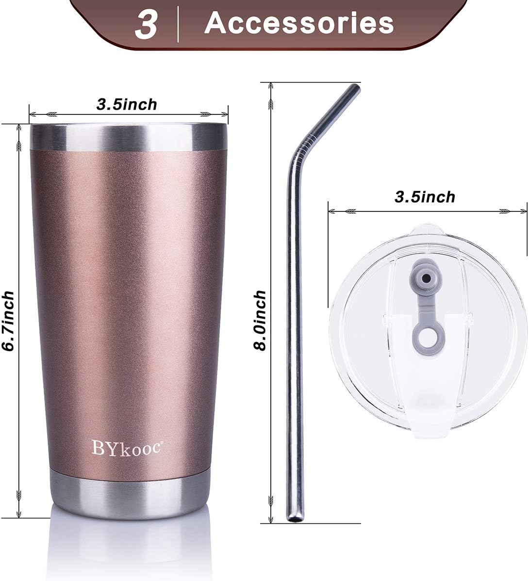 Uр Tо 40% оƒƒ 20oz Tumbler with lid,BYkooc Stainless Steel Vacuum Insulated Double Wall Travel Coffee Mug with Straw, Durable Insulated Tumbler Cup, for Home, Outdoor, Office, Ice Drink（Rose Gold + Black)