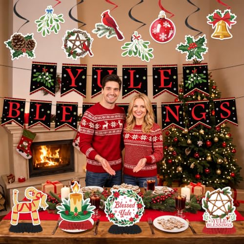 Image of Yule Blessing Winter Solstice Banner Swirl Hanging Decorations 14pc