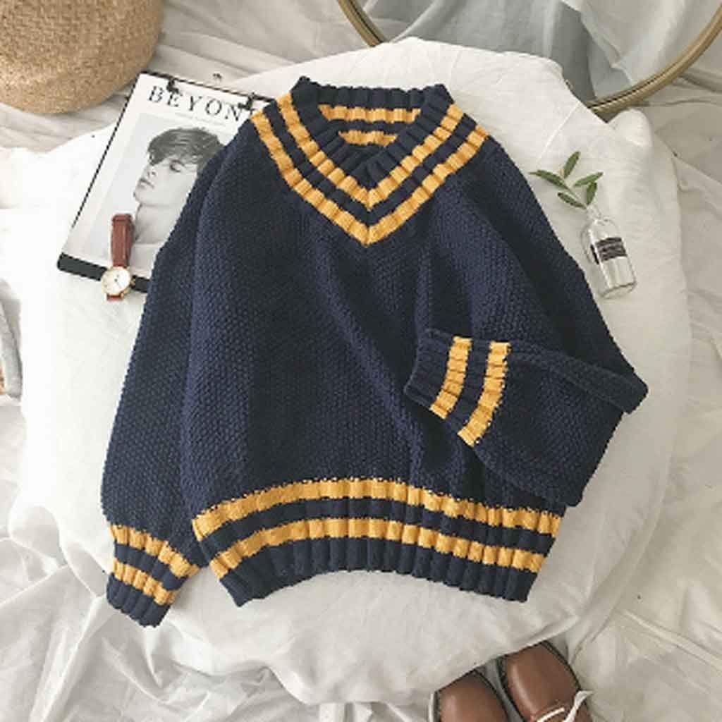 Wssbk Autumn V Neck Sweater Women Vintage Jumper Blue Knitted