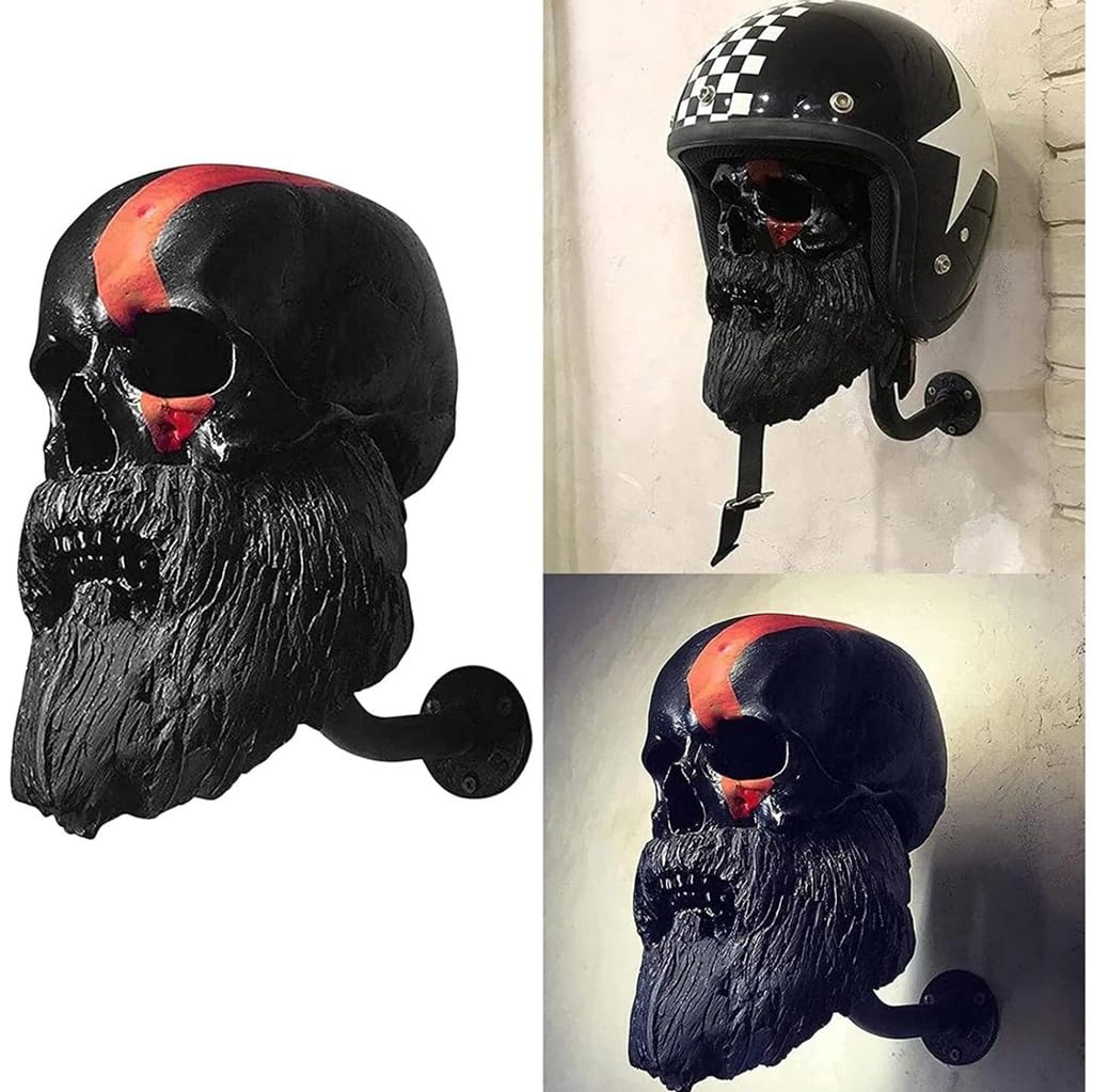 Motorcycle Skull Helmet Holder, Porte-Crâne, Monté Mural la Résine Étalage Casque, Artisanat Amovible en Résine pour Décoration Murale en Forme Tête Fantôme(Black)