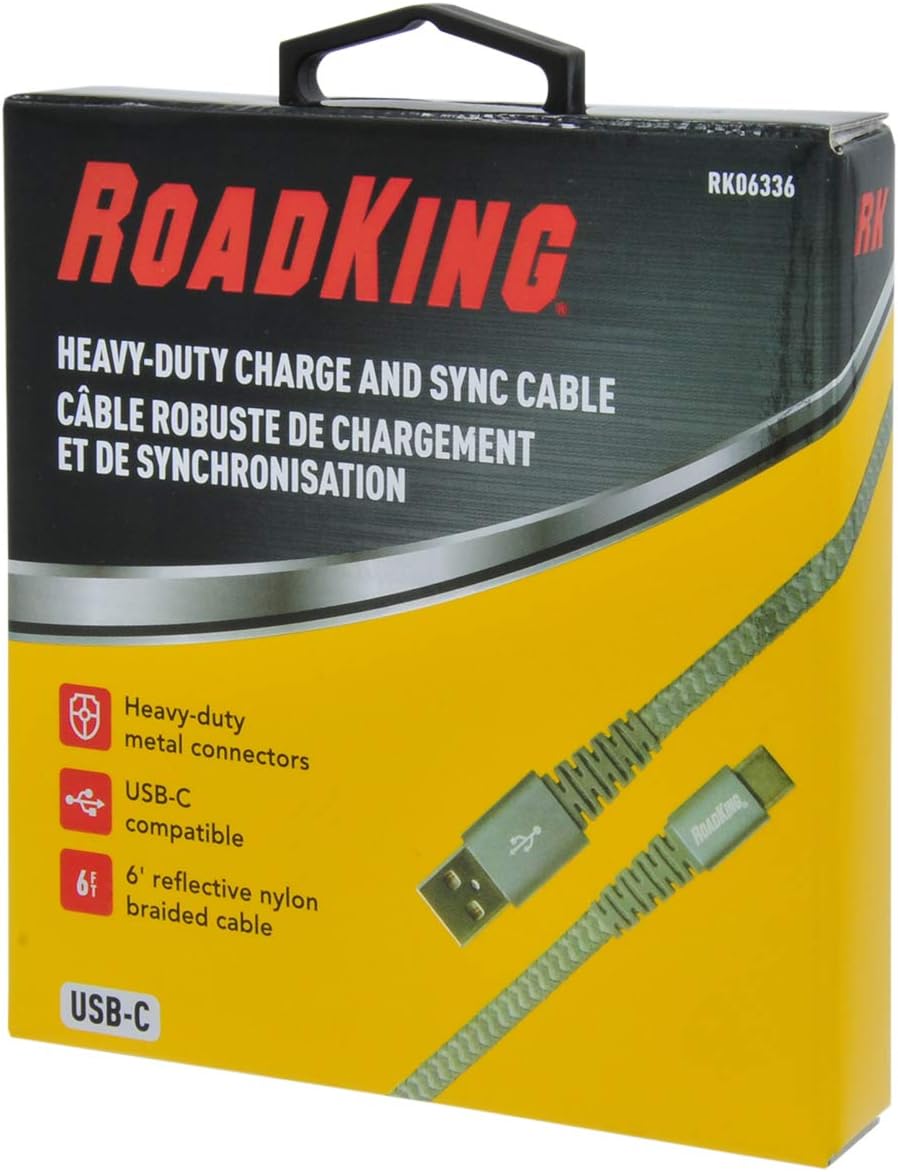 RoadKing USB-C Compatible Charge and Sync Cable, 6' Reflective Braided Heavy-Duty Cord, Silver